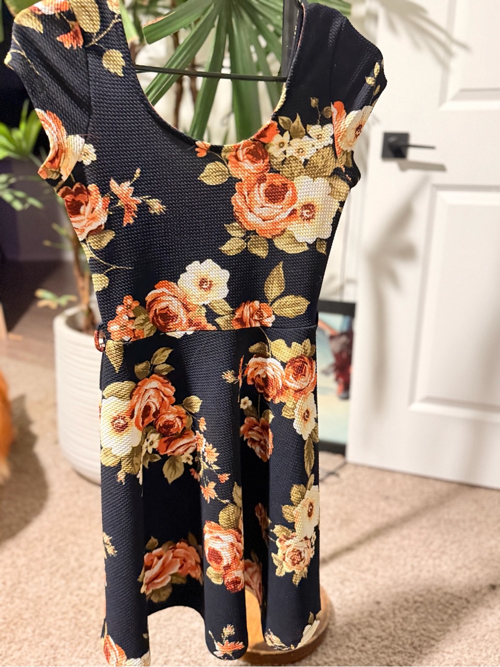 Iris Black Floral Fit & Flare Mini Dress Size S Orange Rose Print